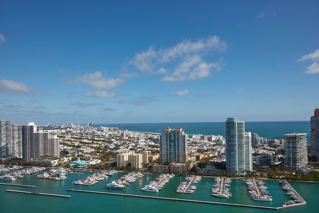 Aerial view of a marina and waterfront towers on Biscayne Bay, Florida