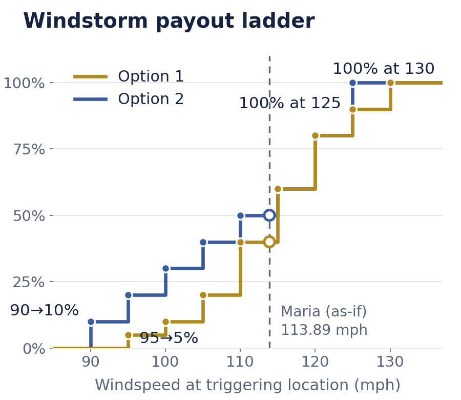 Step chart of the named windstorm payout ladders: Option 1 pays 5% of limit at 95 mph rising to 100% at 130 mph; Option 2 pays 10% at 90 mph rising to 100% at 125 mph. Hurricane Maria's 113.89 mph would have paid 40% and 50% respectively.